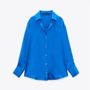Zara Electric Blue Satin Effect Flowy Shirt, XS